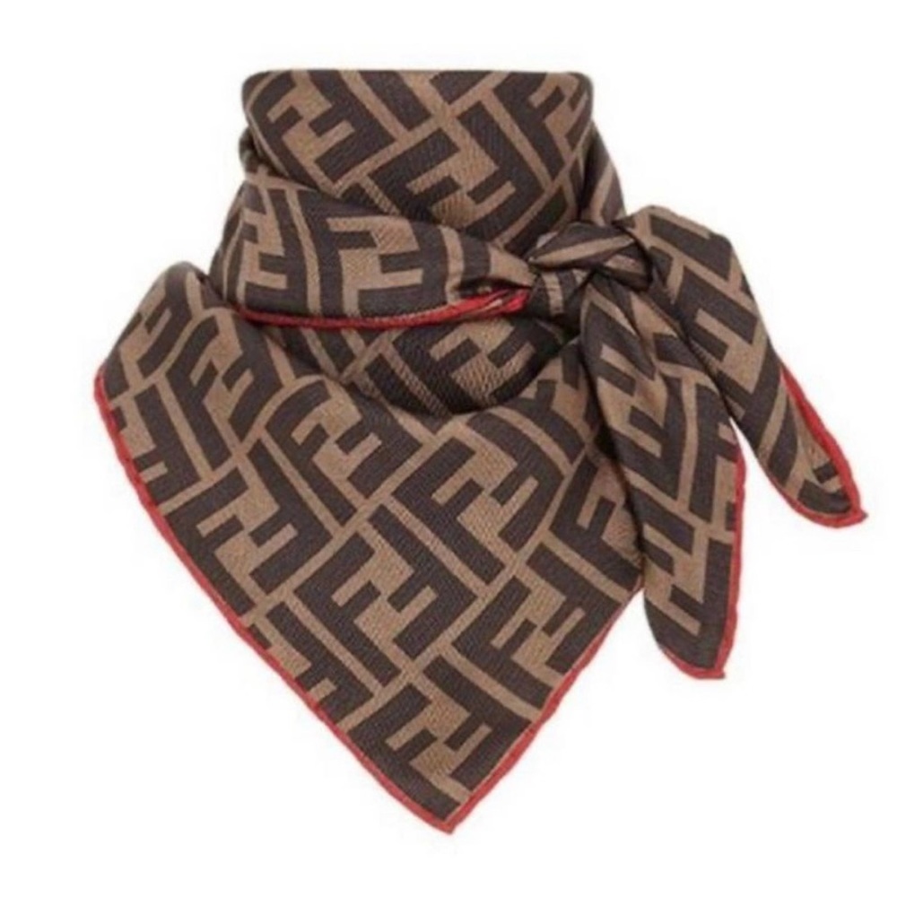 FENDI FF Zucca logo printed monogram brown red outline silk square foulard scarf